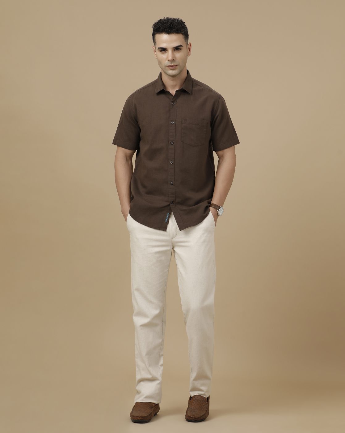 Linen Club Men's Linen Rich Brown Solid Contemporary Fit Full Sleeve Casual Shirt