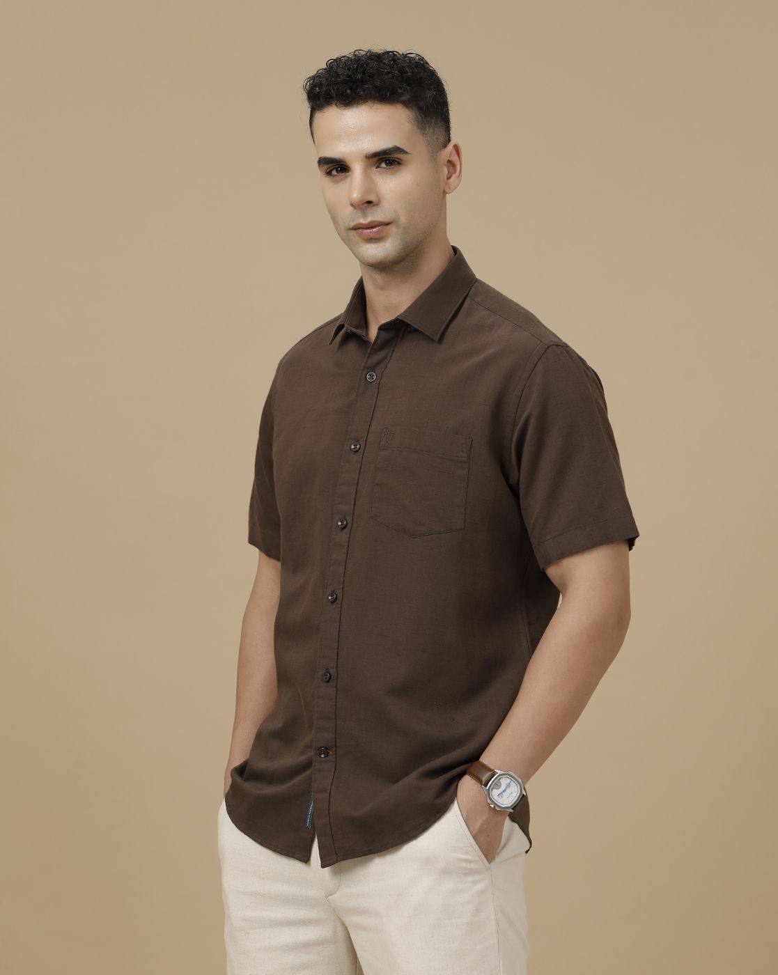 Linen Club Men's Linen Rich Brown Solid Contemporary Fit Full Sleeve Casual Shirt