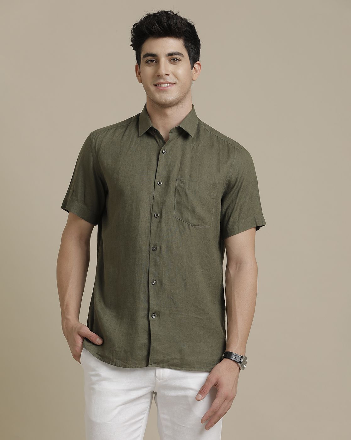 福袋売れ残りセール Pure Men's Linen Sleeve Half Fit Contemporary Solid Green WorkUtility&SafetyClothing