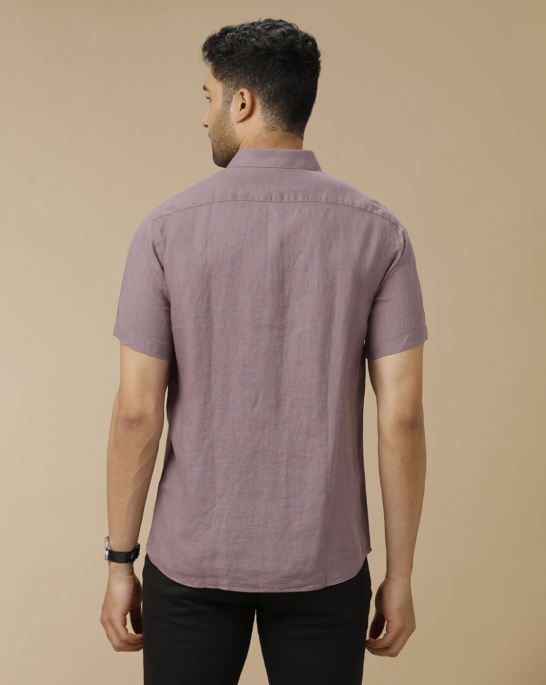 Men's Pure Linen Purple Solid Contemporary Fit Half Sleeve Casual Shirt