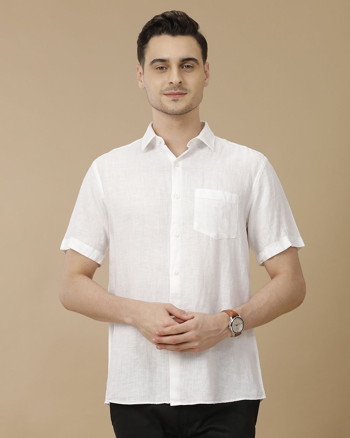 Men's Pure Linen White Solid Contemporary Fit Half Sleeve Casual Shirt