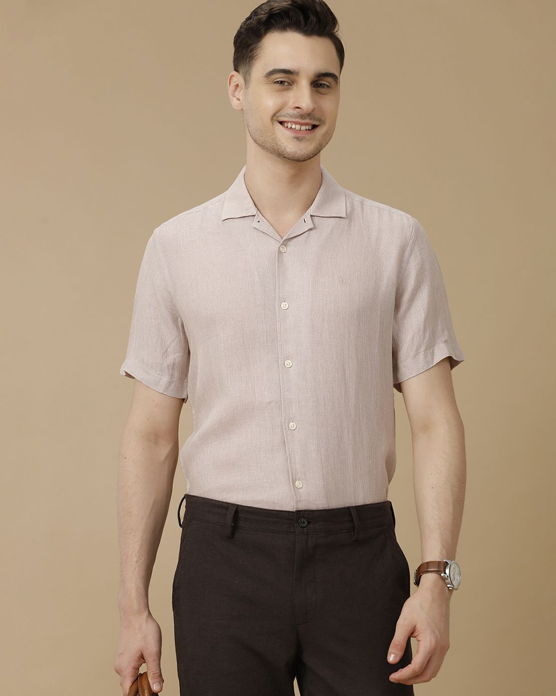 Men's Pure Linen Beige Solid Contemporary Fit Half Sleeve Casual Shirt