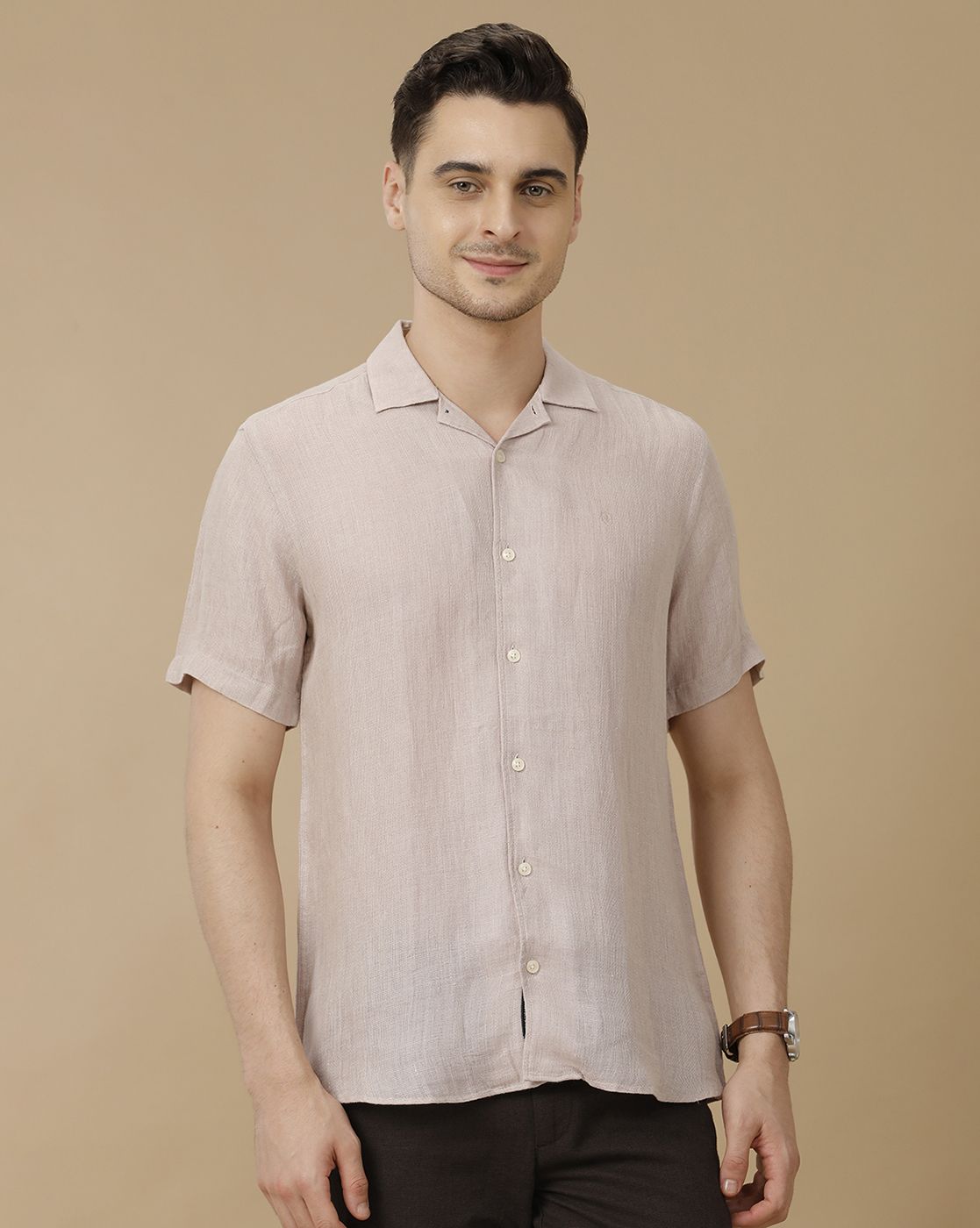 Men's Pure Linen Beige Solid Contemporary Fit Half Sleeve Casual Shirt
