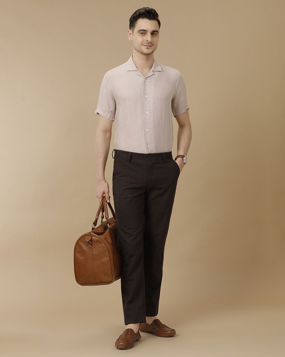 Men's Pure Linen Beige Solid Contemporary Fit Half Sleeve Casual Shirt