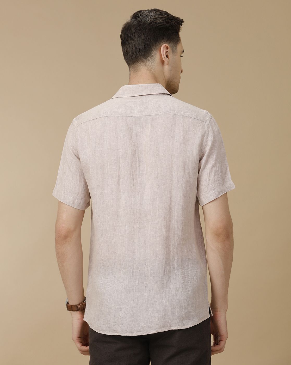 Men's Pure Linen Beige Solid Contemporary Fit Half Sleeve Casual Shirt