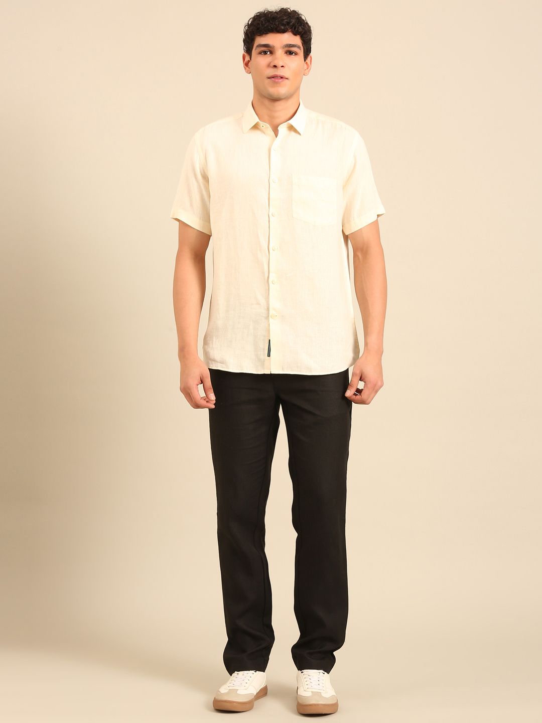 Linen Club Men's Contemporary Fit Pure Linen Half Sleeve Solid Shirt LCSHSD901D052