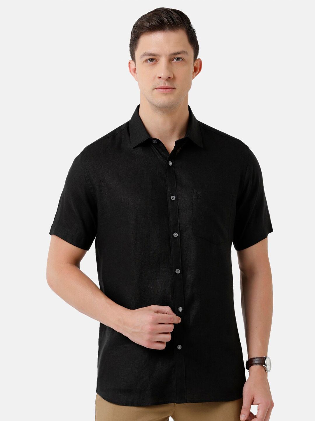 Linen Club Men's Pure Linen Black Solid Regular Fit Casual Shirt LCSHSDN010010