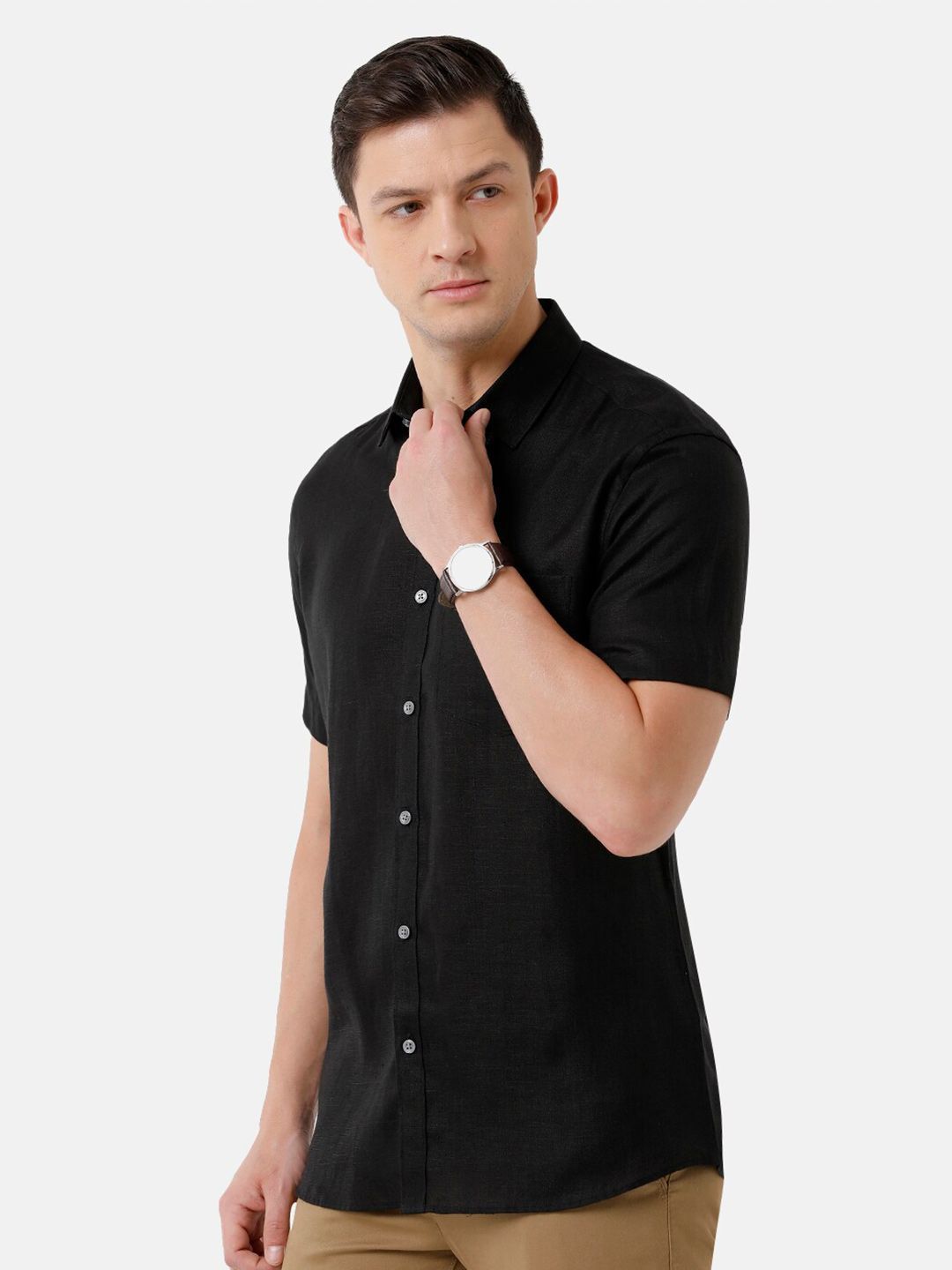 Linen Club Men's Pure Linen Black Solid Regular Fit Casual Shirt LCSHSDN010010