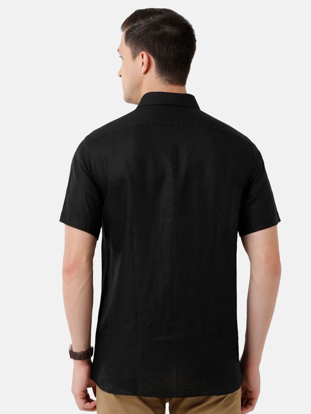 Linen Club Men's Pure Linen Black Solid Regular Fit Casual Shirt LCSHSDN010010