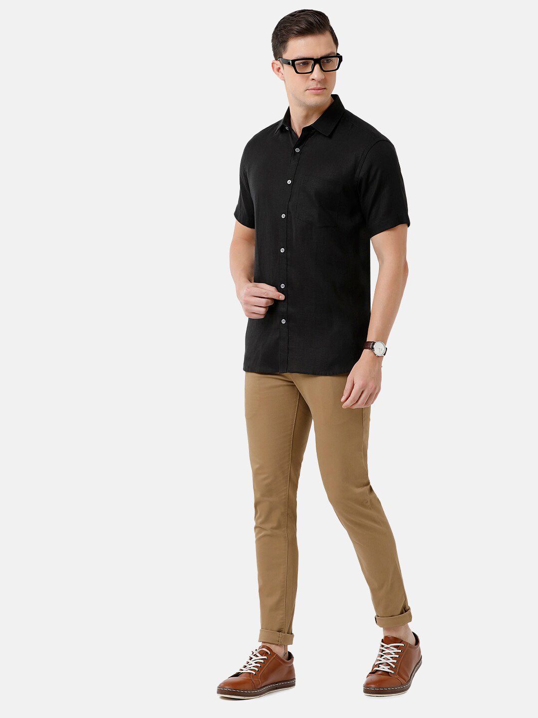 Linen Club Men's Pure Linen Black Solid Regular Fit Casual Shirt LCSHSDN010010