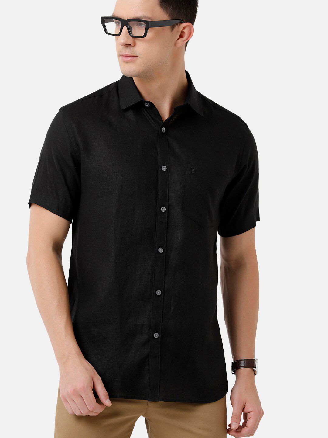 Linen Club Men's Pure Linen Black Solid Regular Fit Casual Shirt LCSHSDN010010