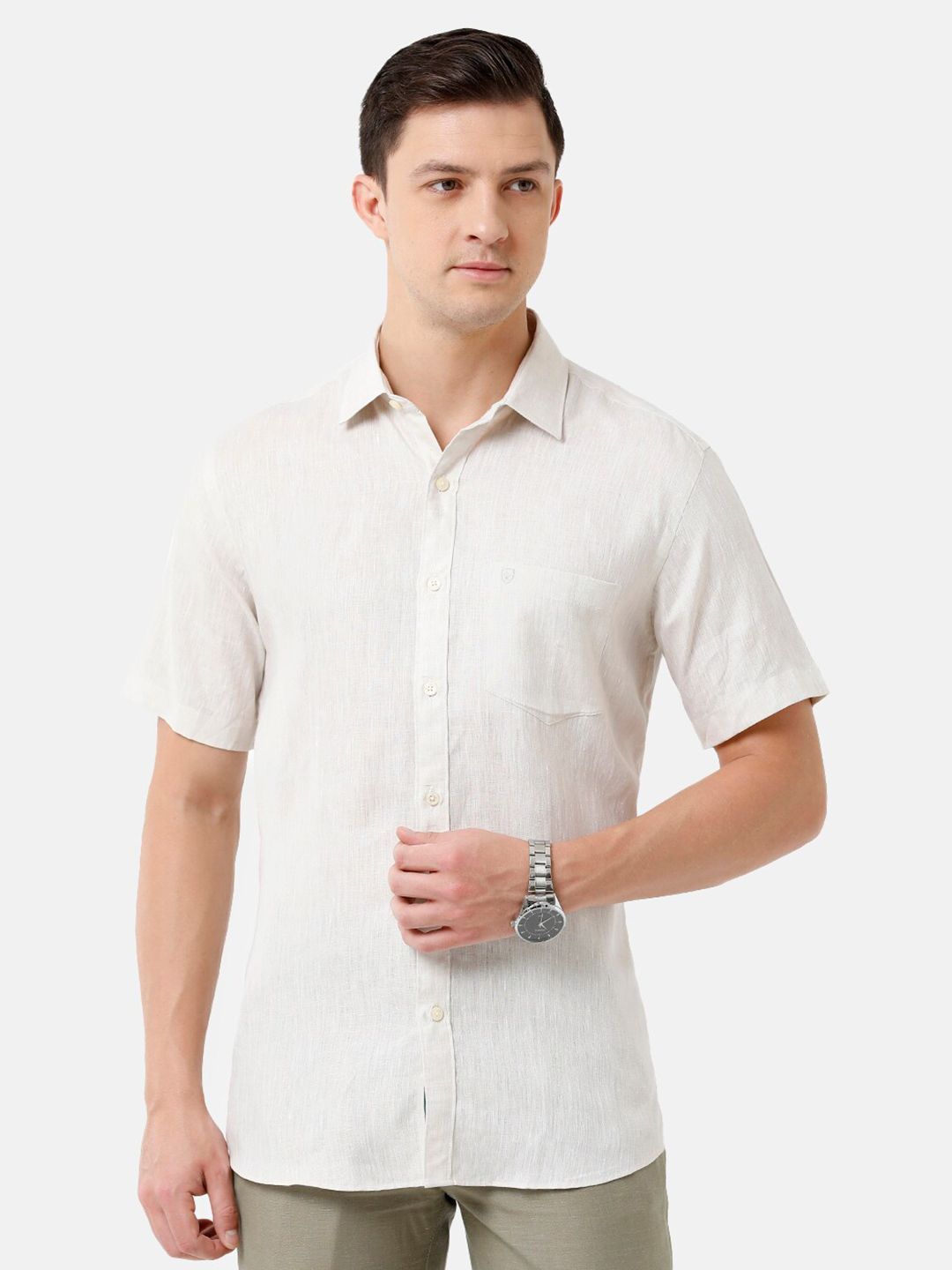 Linen Club Men's Pure Linen Cream Solid Regular Fit Casual Shirt LCSHSDN010014