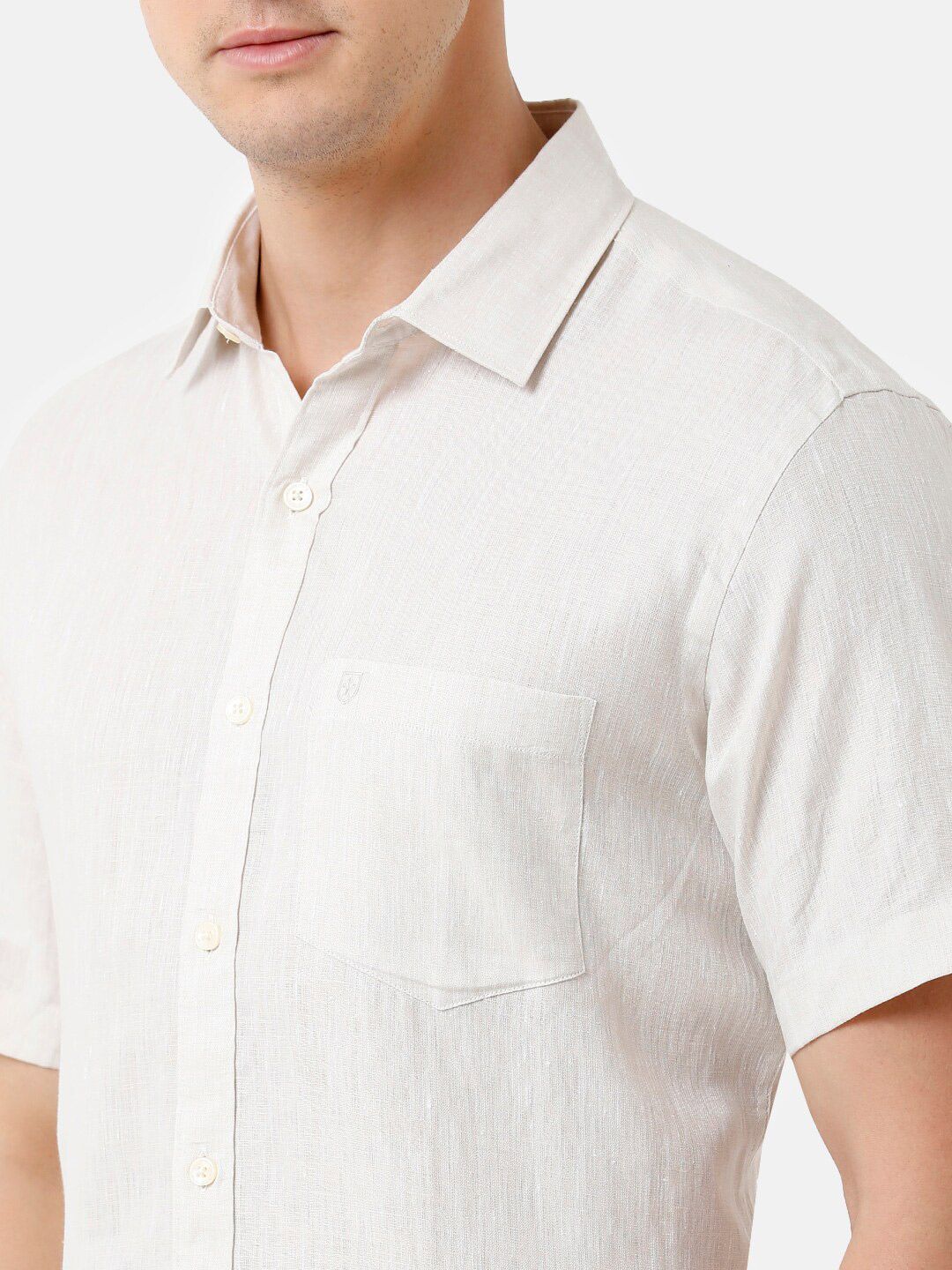 Linen Club Men's Pure Linen Cream Solid Regular Fit Casual Shirt LCSHSDN010014