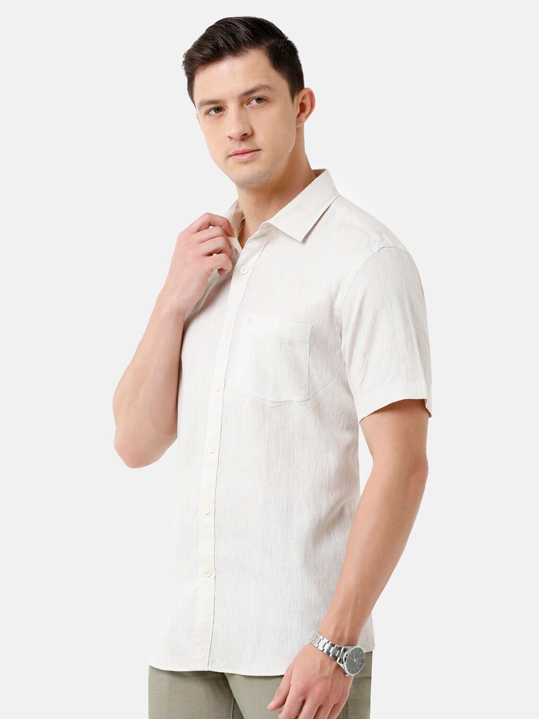 Linen Club Men's Pure Linen Cream Solid Regular Fit Casual Shirt LCSHSDN010014