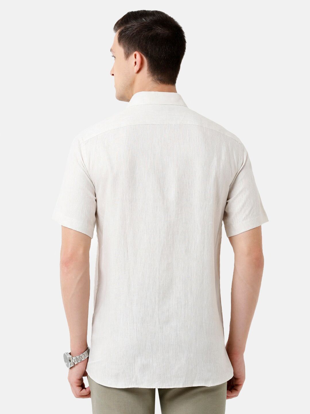 Linen Club Men's Pure Linen Cream Solid Regular Fit Casual Shirt LCSHSDN010014
