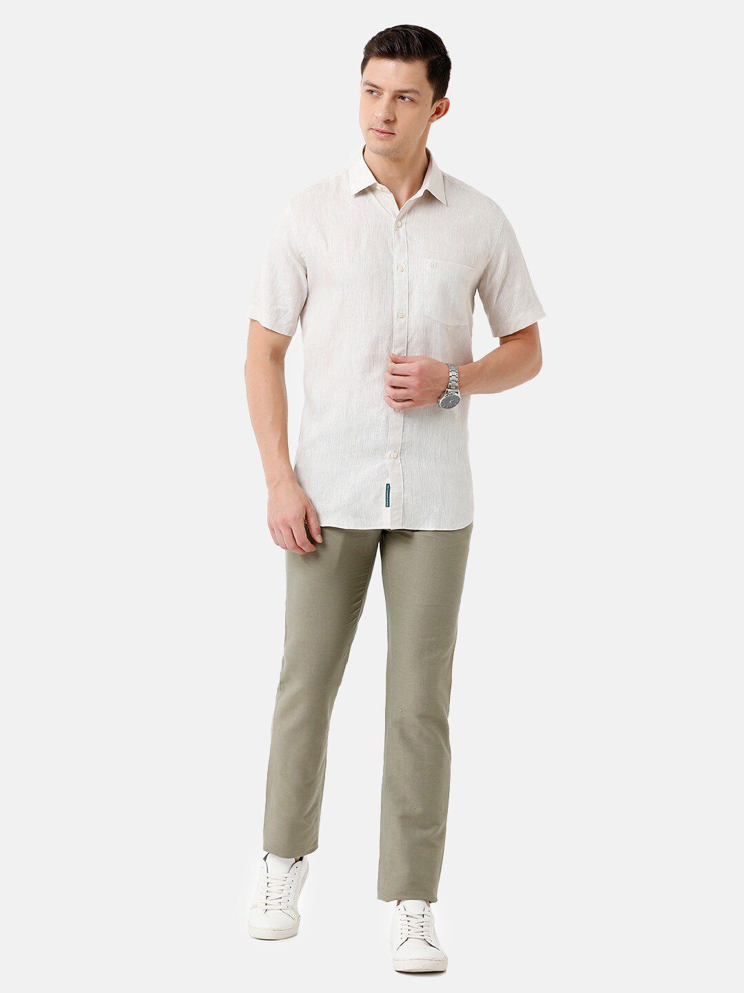 Linen Club Men's Pure Linen Cream Solid Regular Fit Casual Shirt LCSHSDN010014