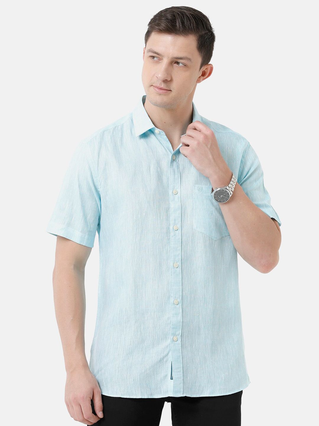 Linen Club Men's Pure Linen Turquoise Blue Solid Regular Fit Casual Shirt LCSHSDN010020