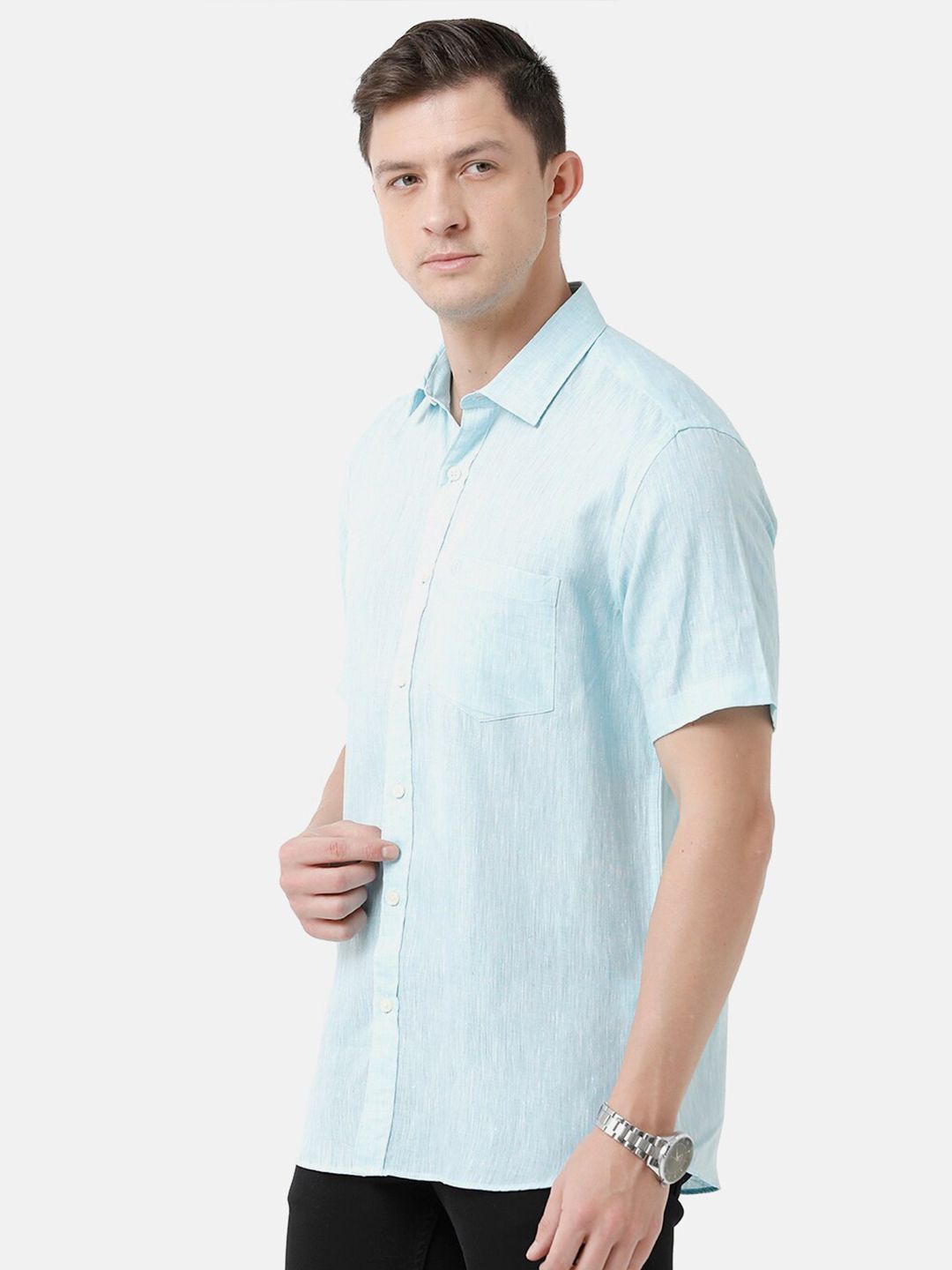 Linen Club Men's Pure Linen Turquoise Blue Solid Regular Fit Casual Shirt LCSHSDN010020
