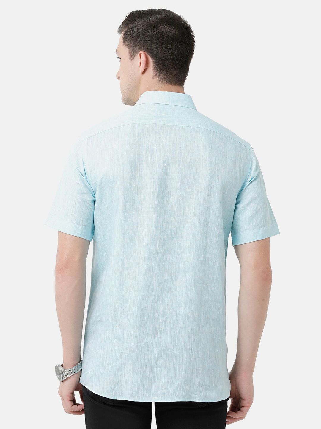 Linen Club Men's Pure Linen Turquoise Blue Solid Regular Fit Casual Shirt LCSHSDN010020