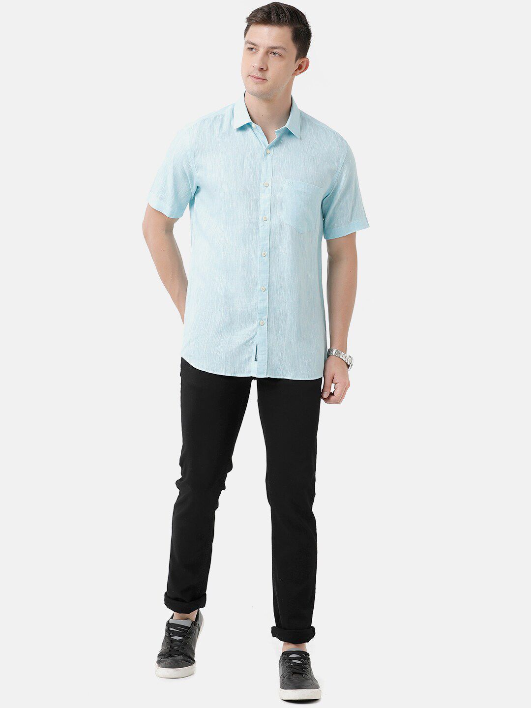 Linen Club Men's Pure Linen Turquoise Blue Solid Regular Fit Casual Shirt LCSHSDN010020
