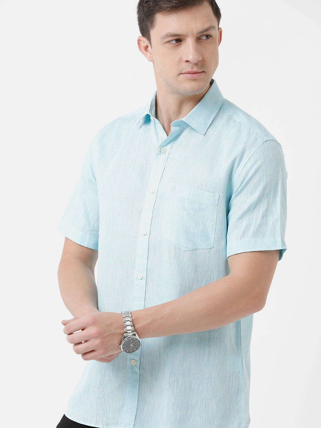 Linen Club Men's Pure Linen Turquoise Blue Solid Regular Fit Casual Shirt LCSHSDN010020
