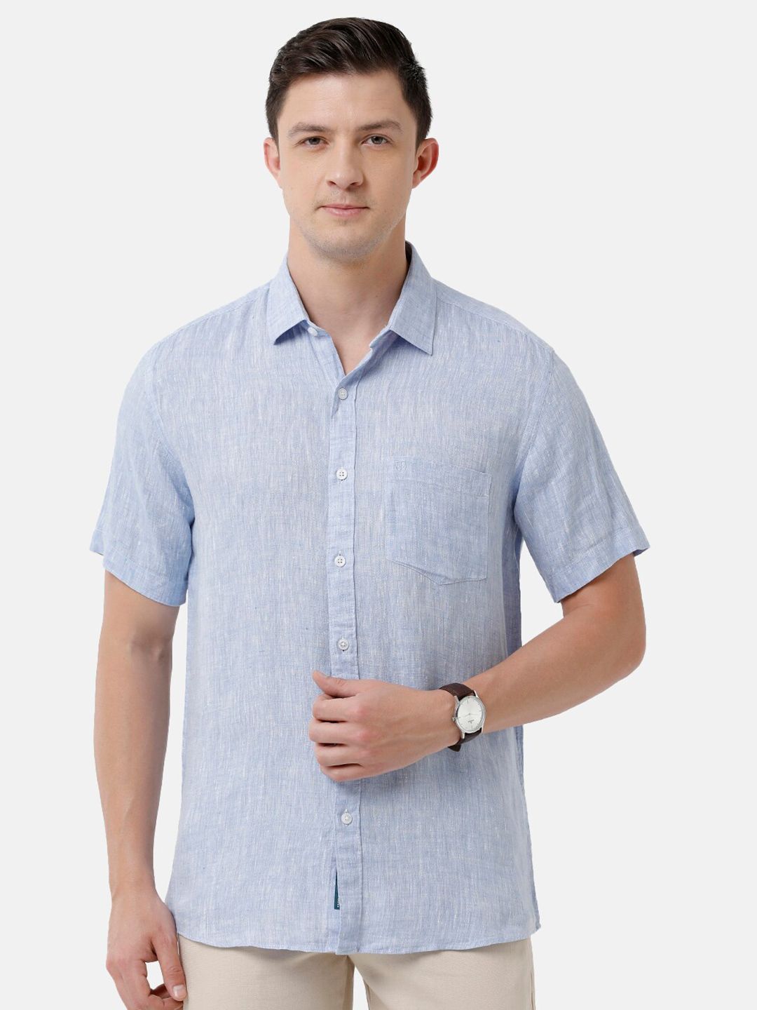 Linen Club Men's Pure Linen Light Blue Solid Regular Fit Casual Shirt LCSHSDN010036