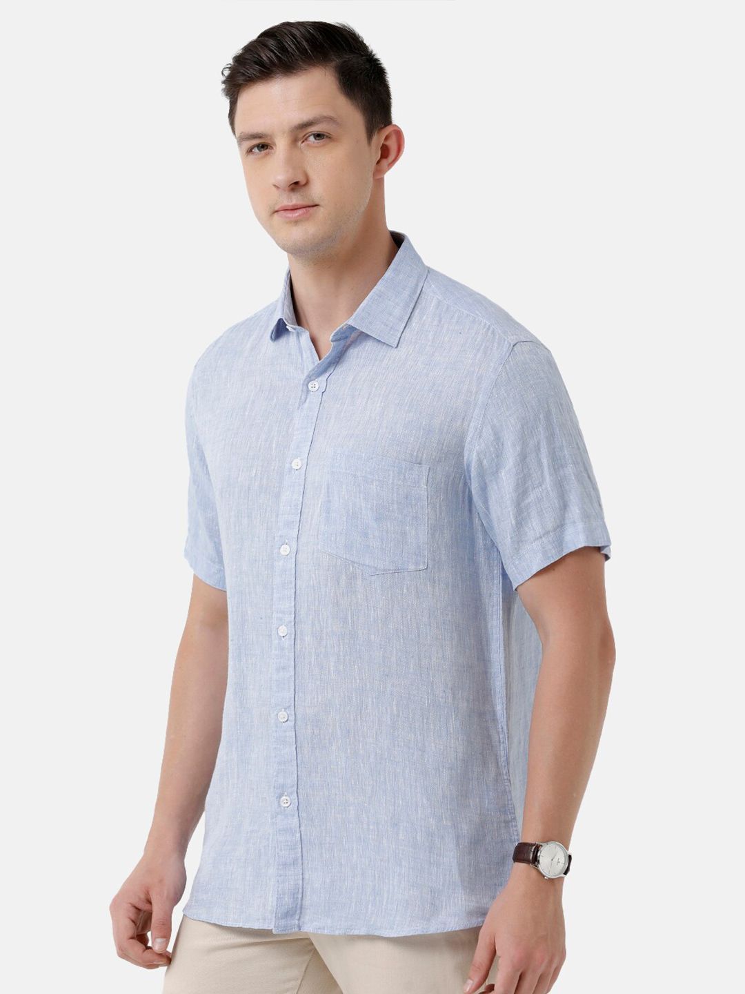 Linen Club Men's Pure Linen Light Blue Solid Regular Fit Casual Shirt LCSHSDN010036