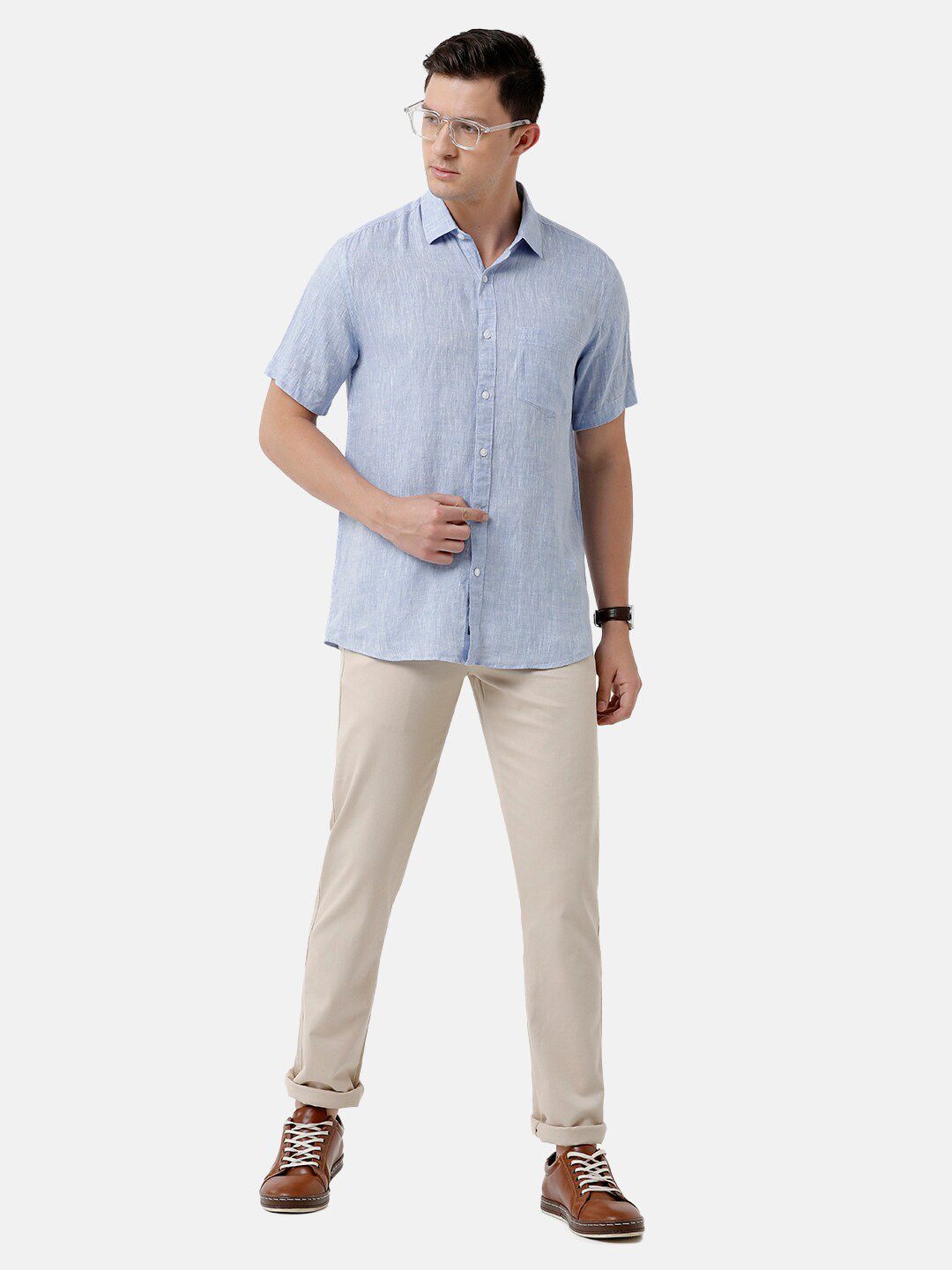 Linen Club Men's Pure Linen Light Blue Solid Regular Fit Casual Shirt LCSHSDN010036