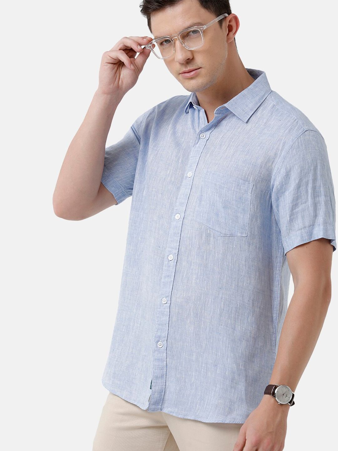 Linen Club Men's Pure Linen Light Blue Solid Regular Fit Casual Shirt LCSHSDN010036