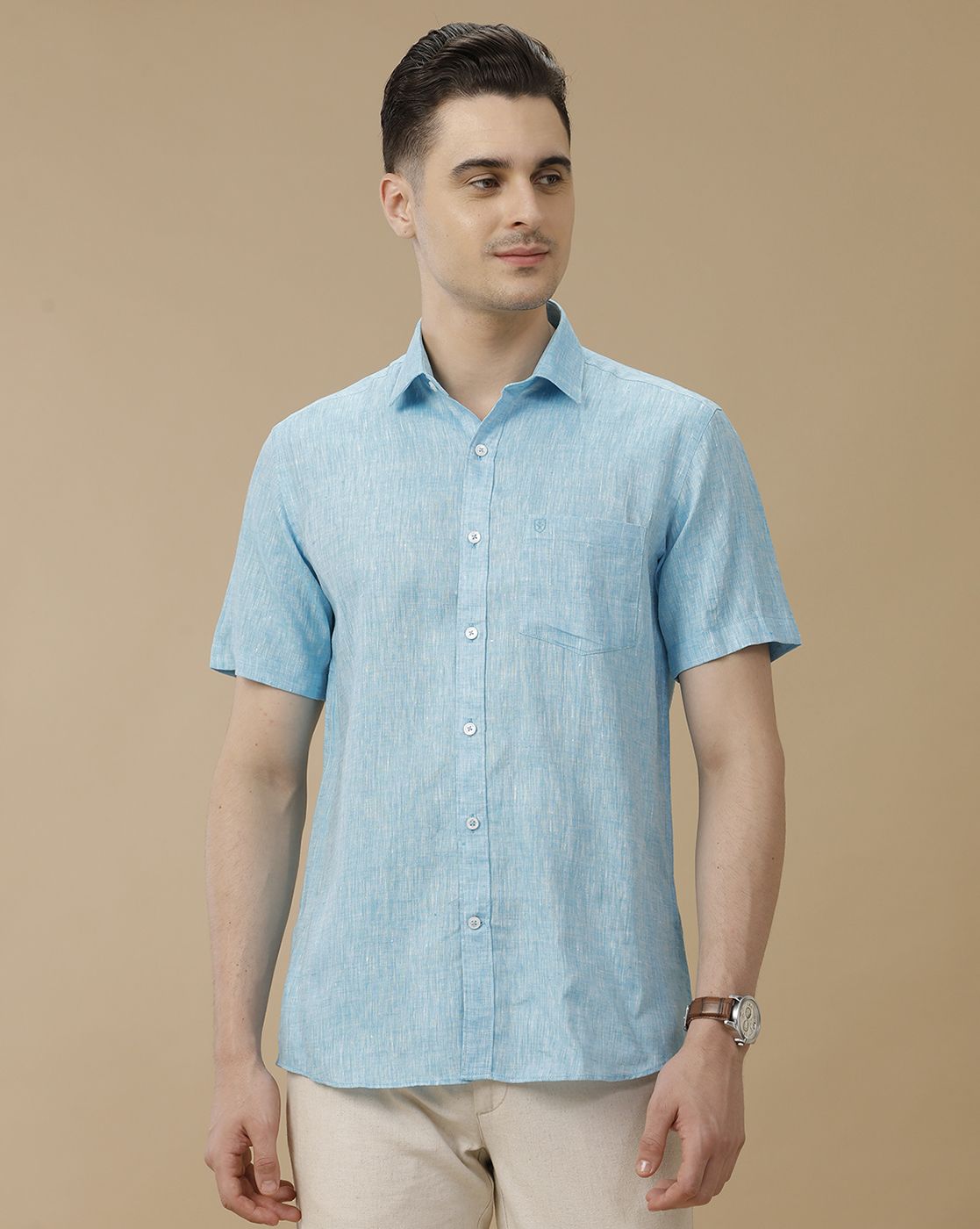 Men's Pure Linen Blue Solid Contemporary Fit Half Sleeve Casual Shirt
