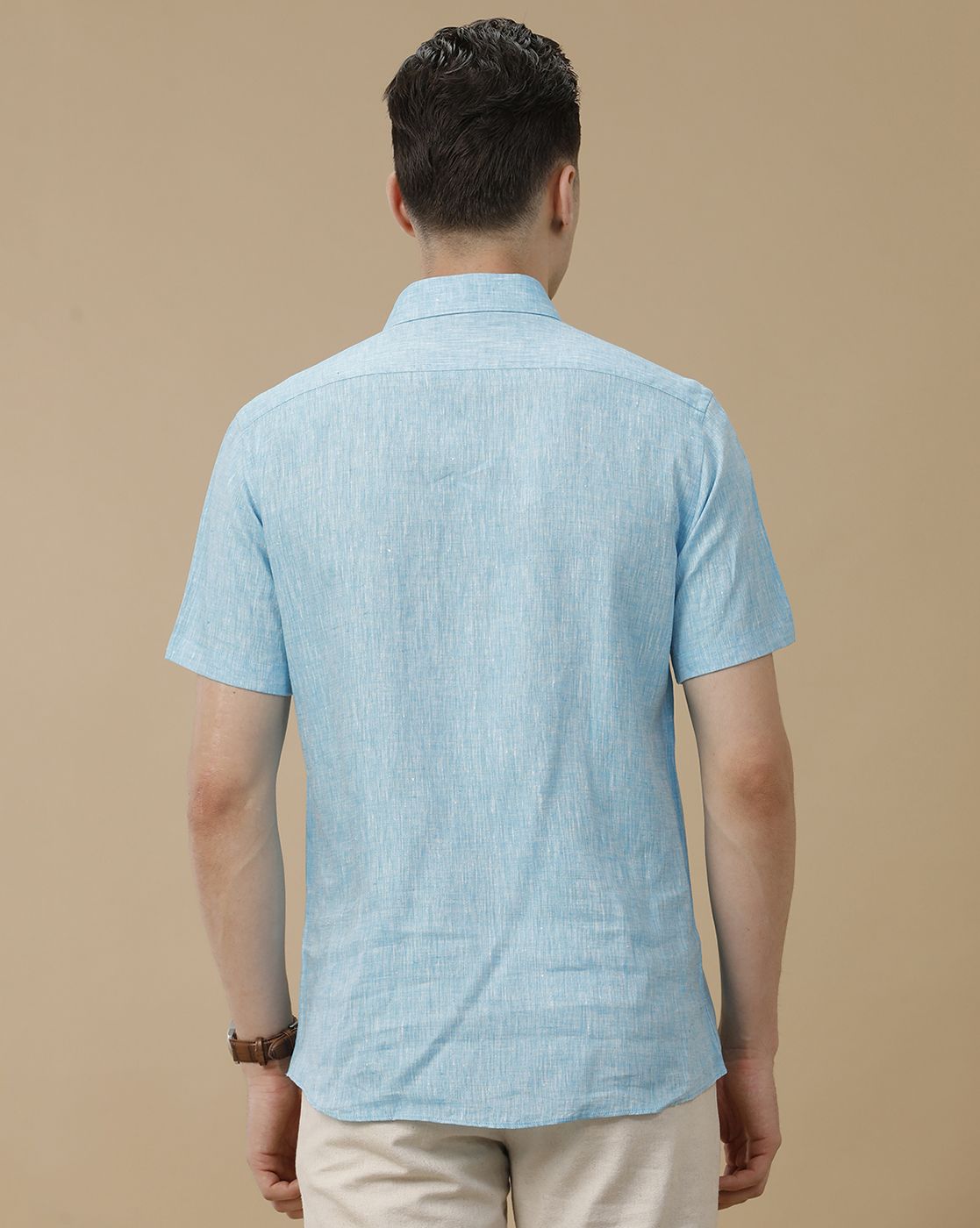 Men's Pure Linen Blue Solid Contemporary Fit Half Sleeve Casual Shirt