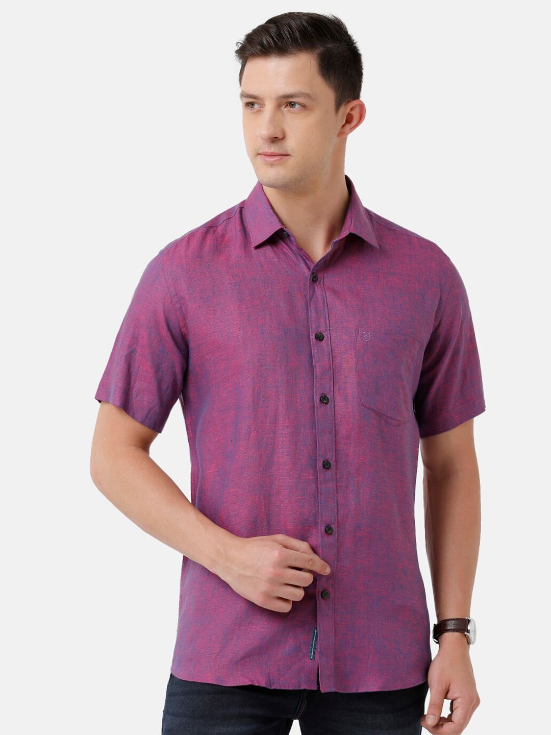 Linen Club Men's Pure Linen Purple Solid Regular Fit Casual Shirt LCSHSDN010103