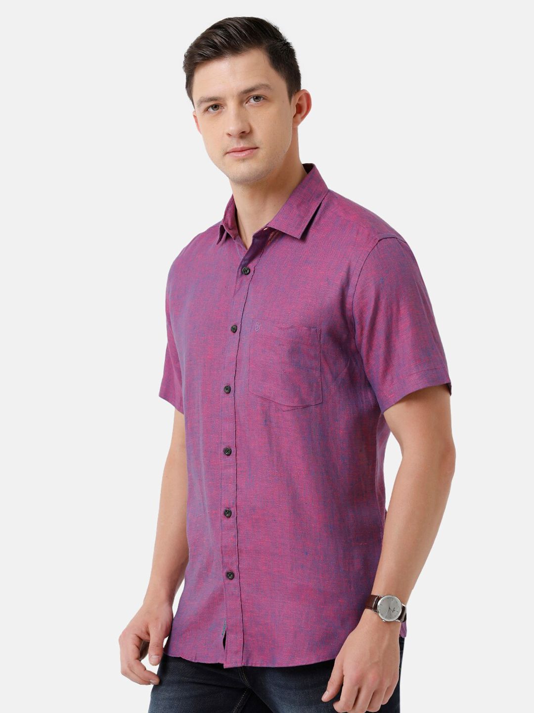 Linen Club Men's Pure Linen Purple Solid Regular Fit Casual Shirt LCSHSDN010103