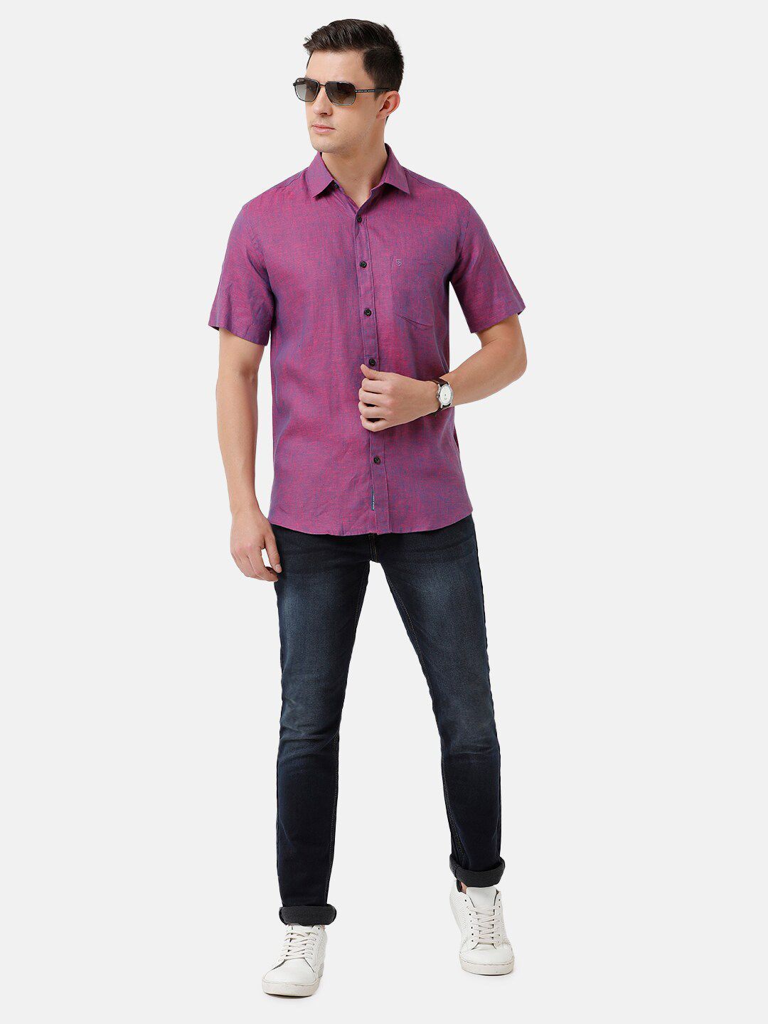Linen Club Men's Pure Linen Purple Solid Regular Fit Casual Shirt LCSHSDN010103