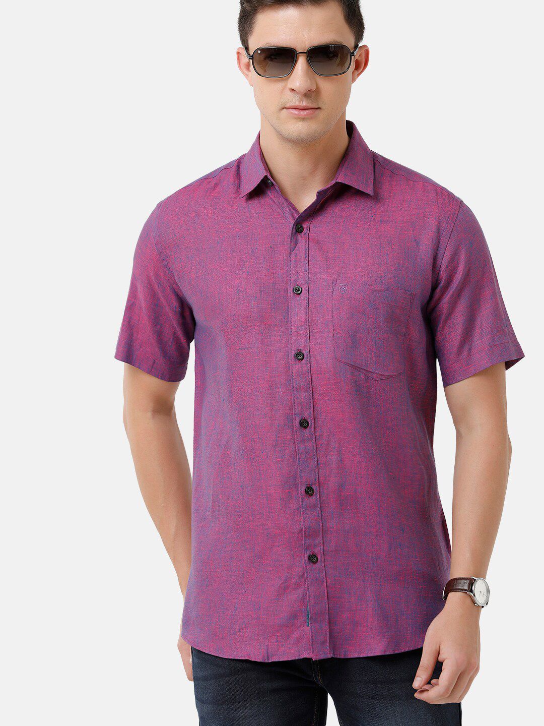 Linen Club Men's Pure Linen Purple Solid Regular Fit Casual Shirt LCSHSDN010103