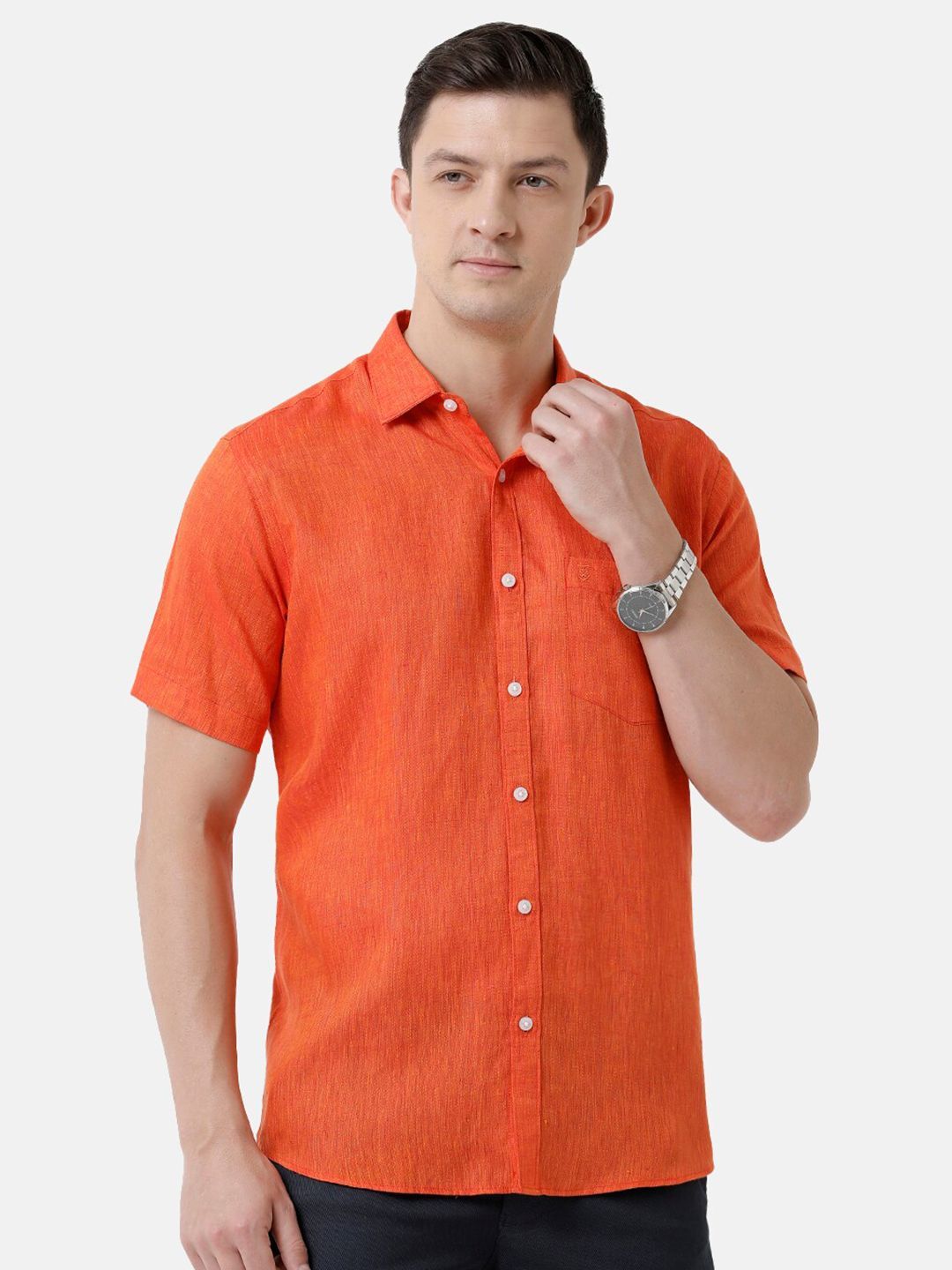 Linen Club Men's Pure Linen Orange Solid Regular Fit Casual Shirt LCSHSDN010109