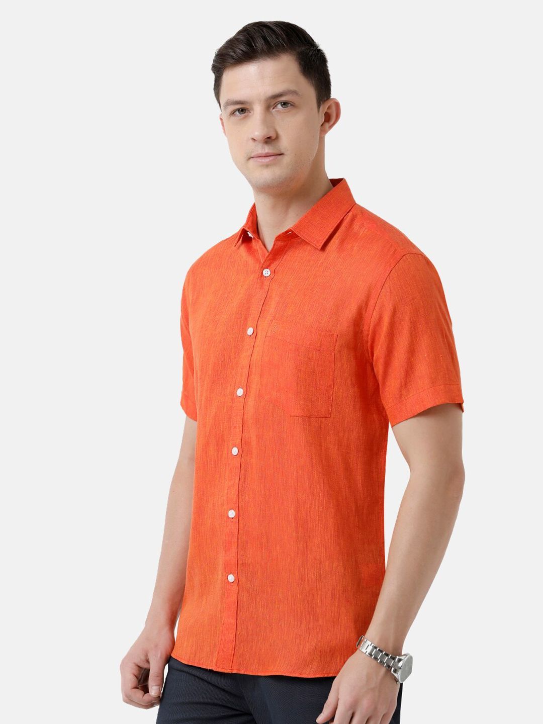 Linen Club Men's Pure Linen Orange Solid Regular Fit Casual Shirt LCSHSDN010109