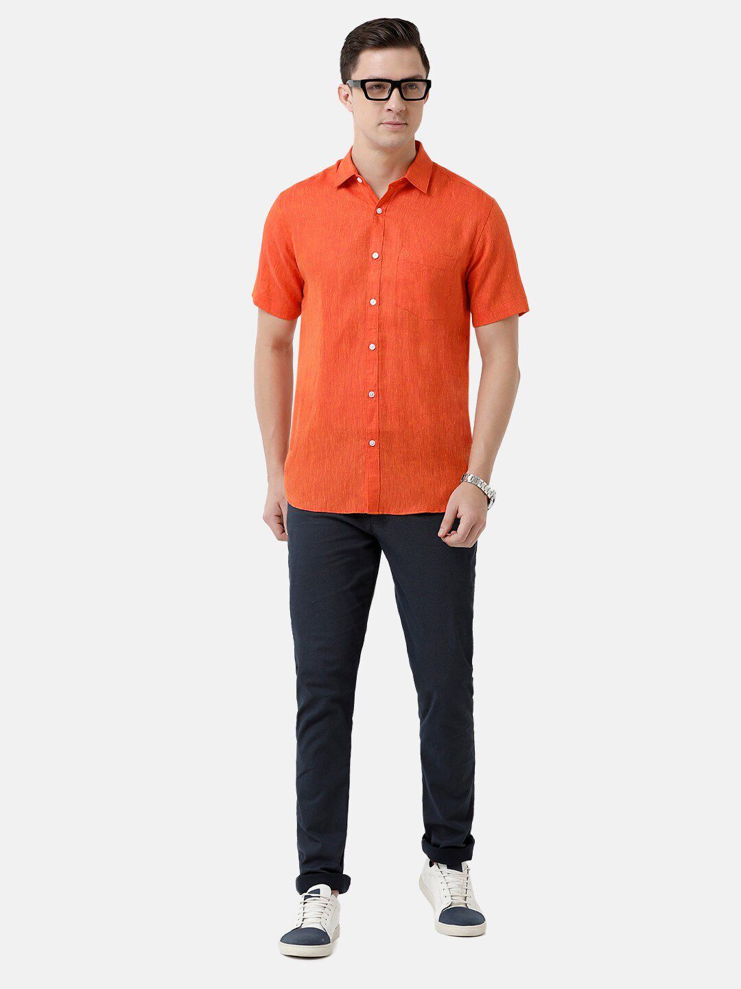 Linen Club Men's Pure Linen Orange Solid Regular Fit Casual Shirt LCSHSDN010109