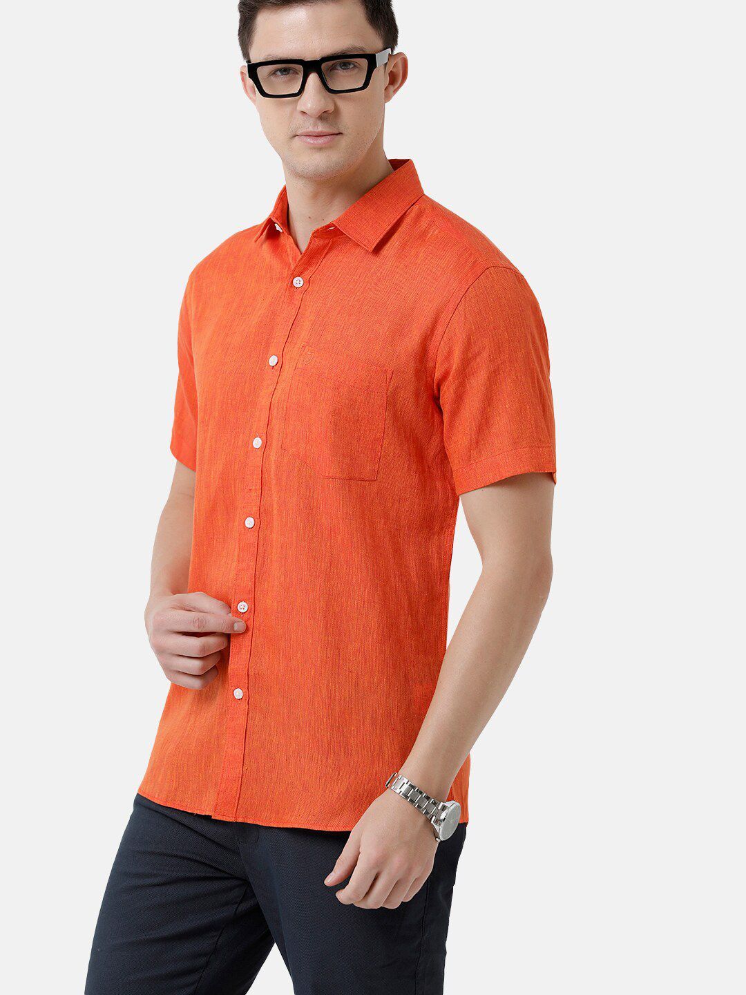 Linen Club Men's Pure Linen Orange Solid Regular Fit Casual Shirt LCSHSDN010109