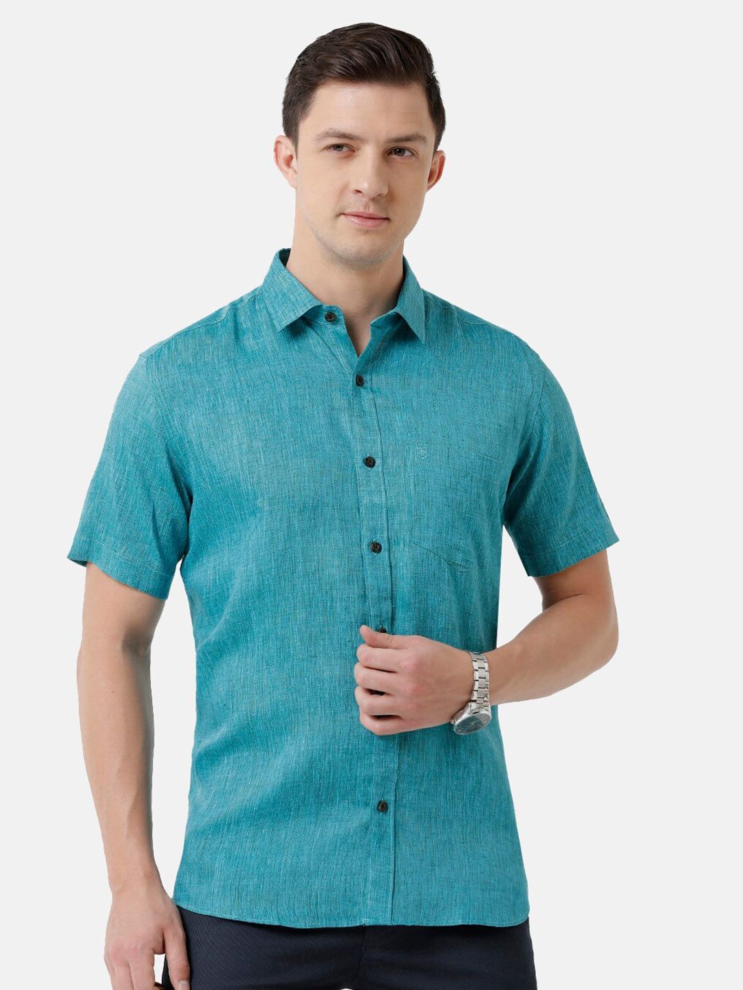 Linen Club Men's Pure Linen Teal Solid Regular Fit Casual Shirt LCSHSDN010111