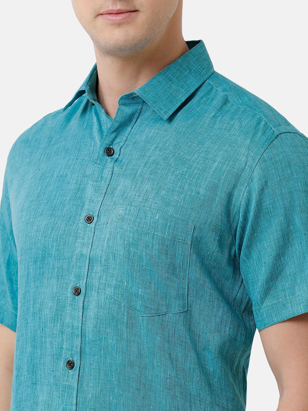 Linen Club Men's Pure Linen Teal Solid Regular Fit Casual Shirt LCSHSDN010111