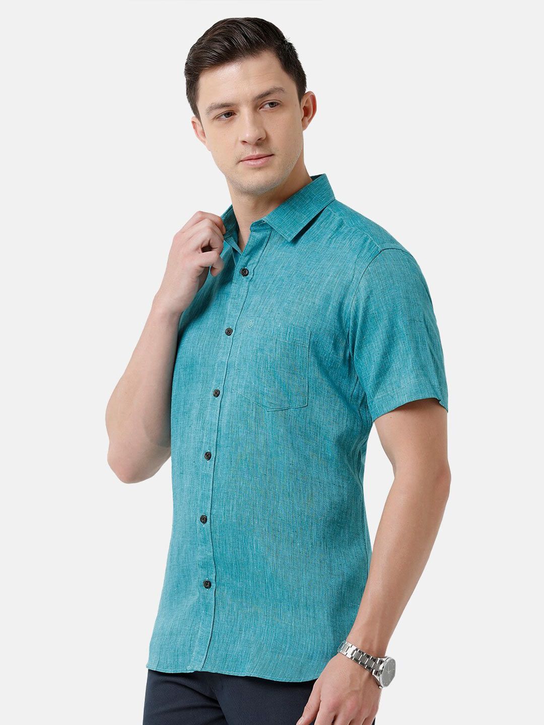Linen Club Men's Pure Linen Teal Solid Regular Fit Casual Shirt LCSHSDN010111