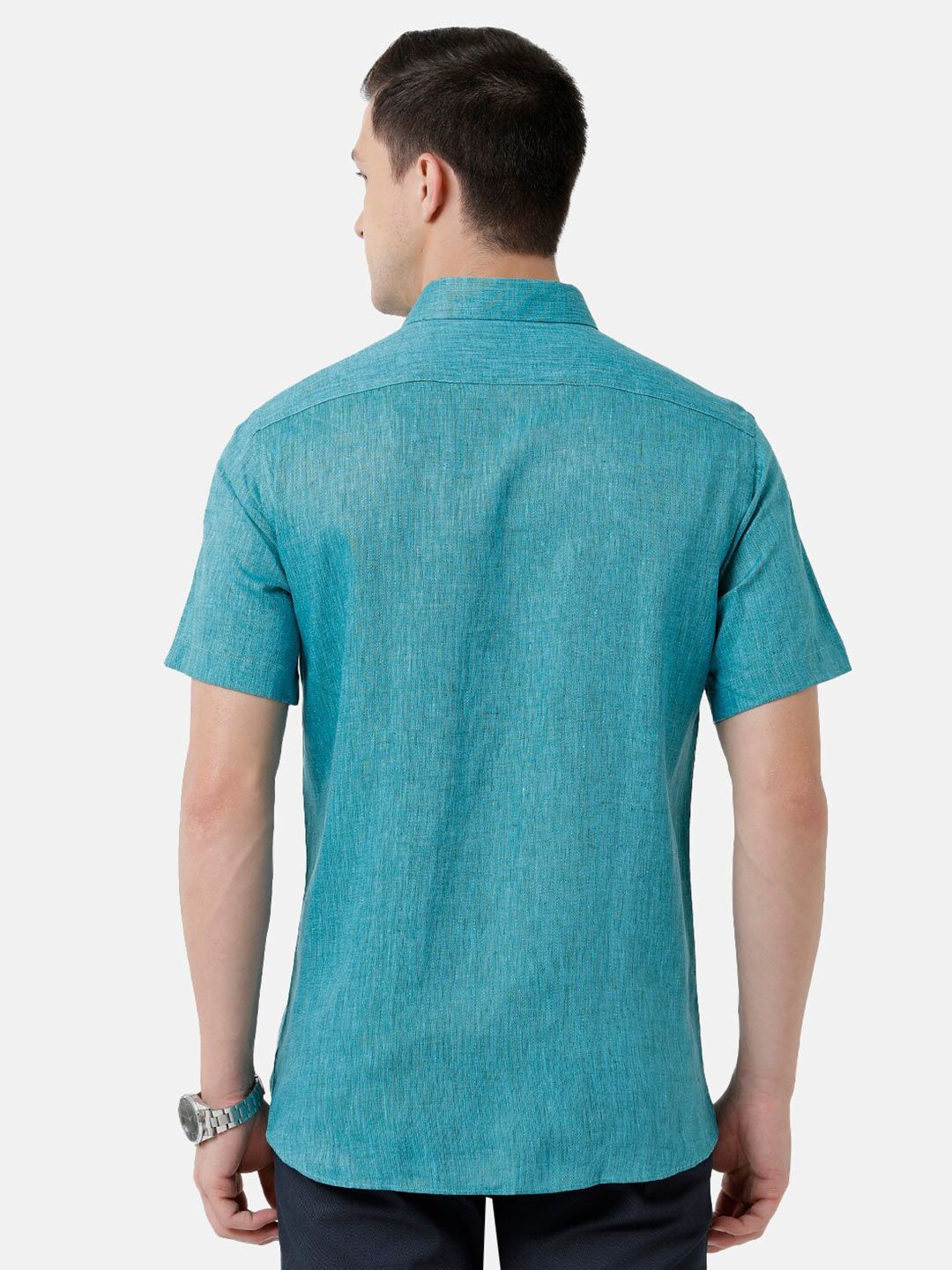 Linen Club Men's Pure Linen Teal Solid Regular Fit Casual Shirt LCSHSDN010111