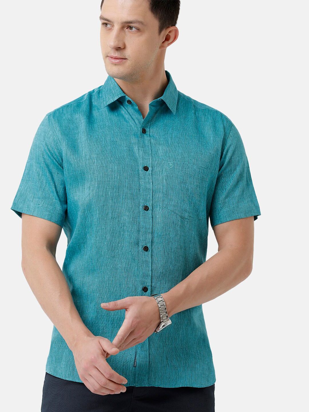 Linen Club Men's Pure Linen Teal Solid Regular Fit Casual Shirt LCSHSDN010111