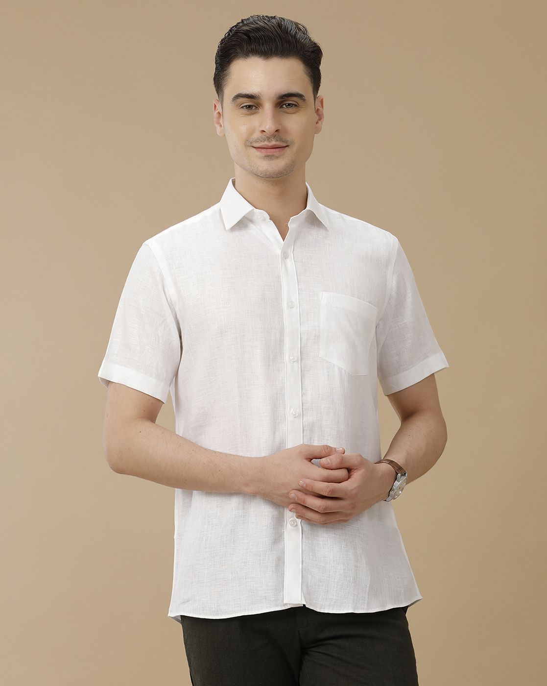 Men's Pure Linen White Solid Contemporary Fit Half Sleeve Casual Shirt