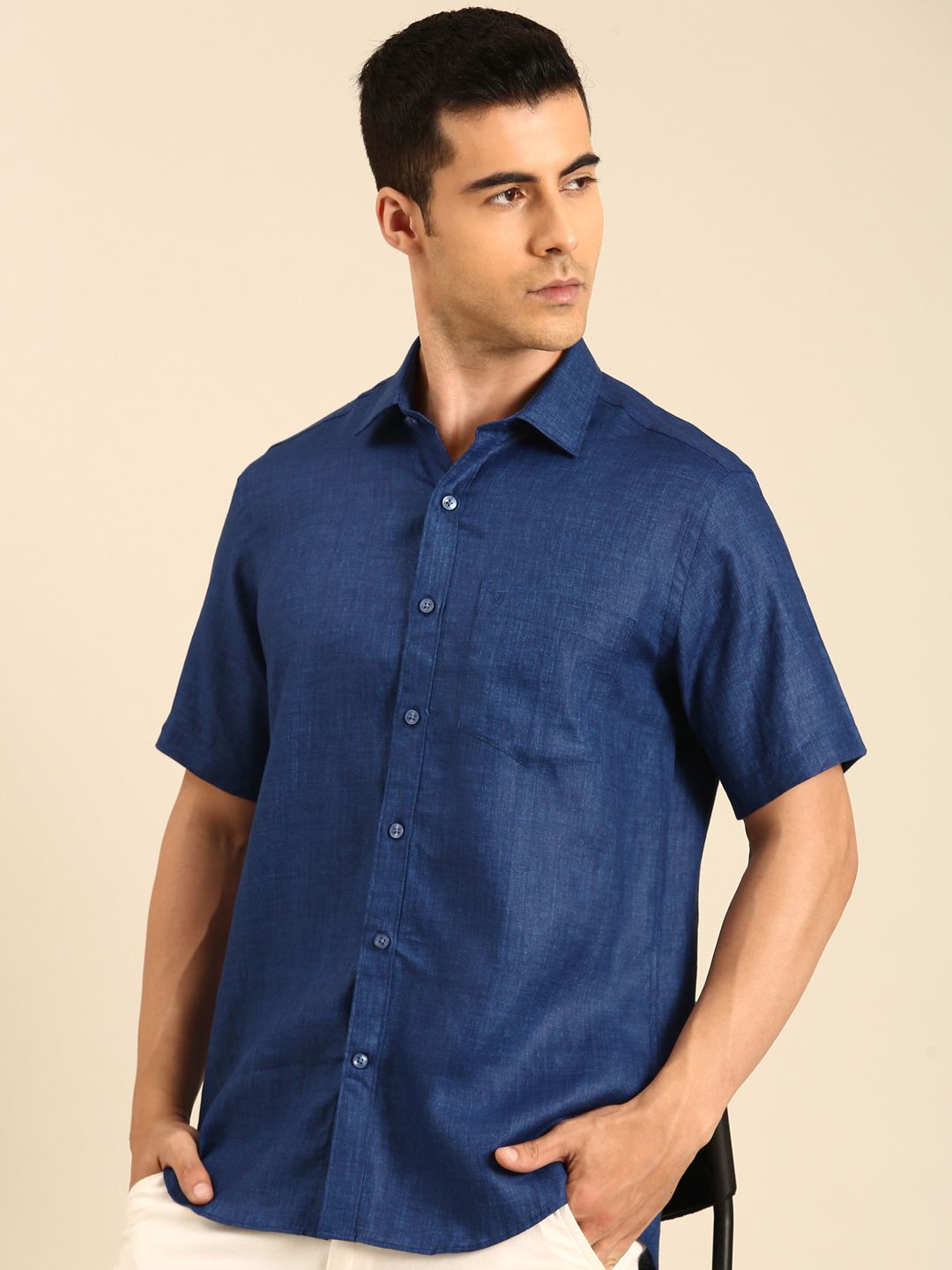 Linen Club Men's Linen Blend Royal Blue Solid Contemporary Fit Half Sleeves Casual Shirt