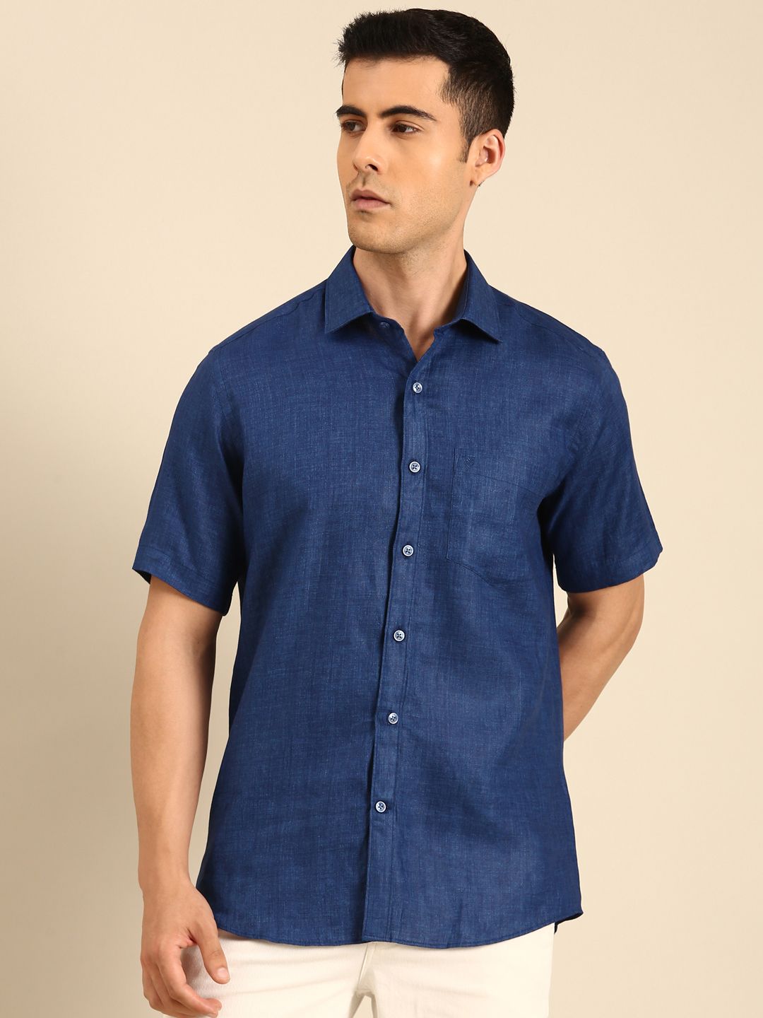 Linen Club Men's Linen Blend Royal Blue Solid Contemporary Fit Half Sleeves Casual Shirt
