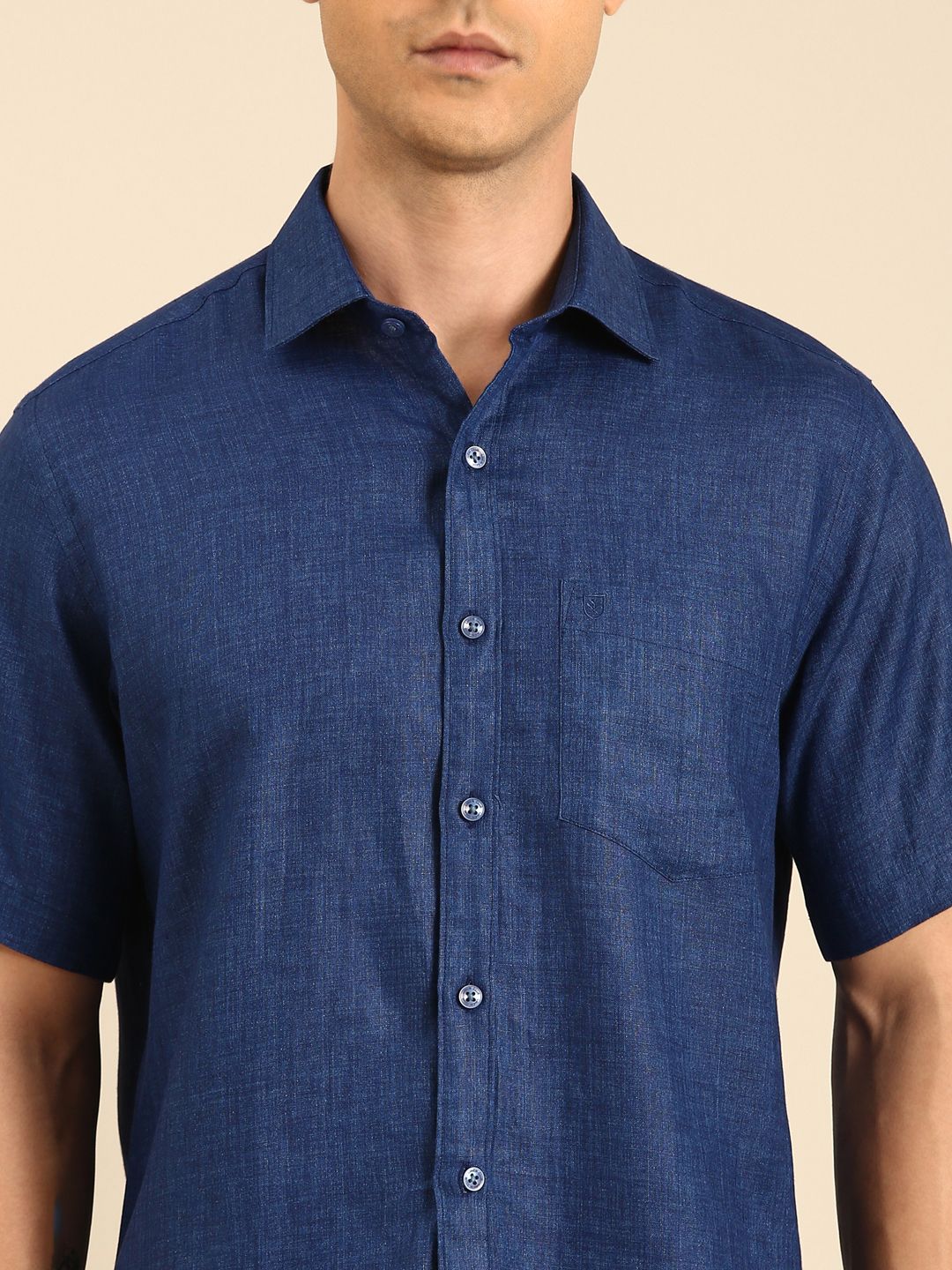 Linen Club Men's Linen Blend Royal Blue Solid Contemporary Fit Half Sleeves Casual Shirt