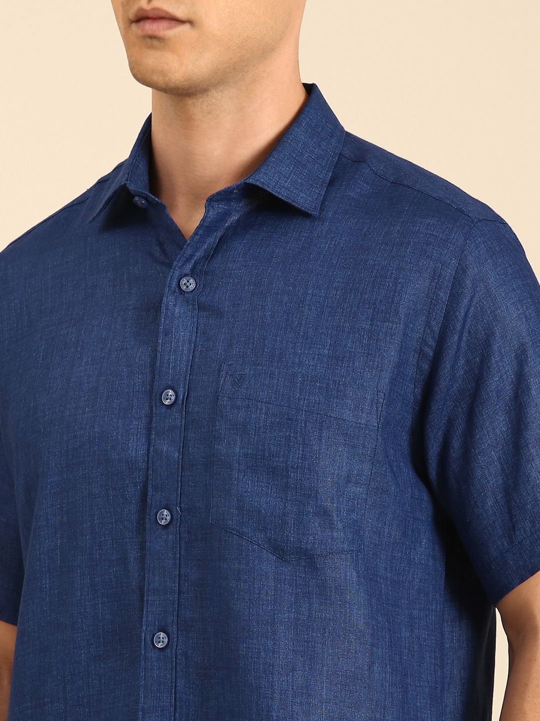 Linen Club Men's Linen Blend Royal Blue Solid Contemporary Fit Half Sleeves Casual Shirt
