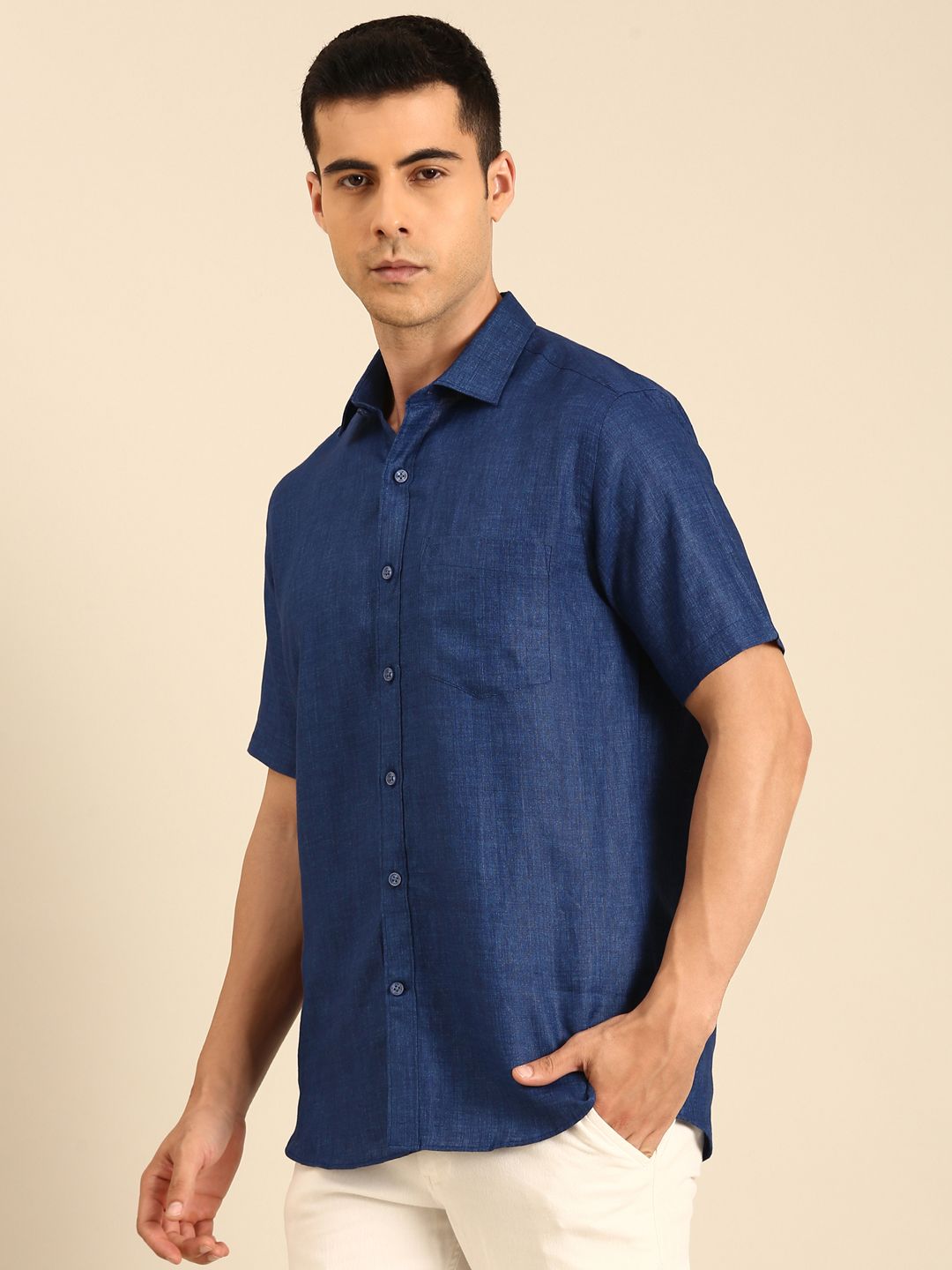 Linen Club Men's Linen Blend Royal Blue Solid Contemporary Fit Half Sleeves Casual Shirt